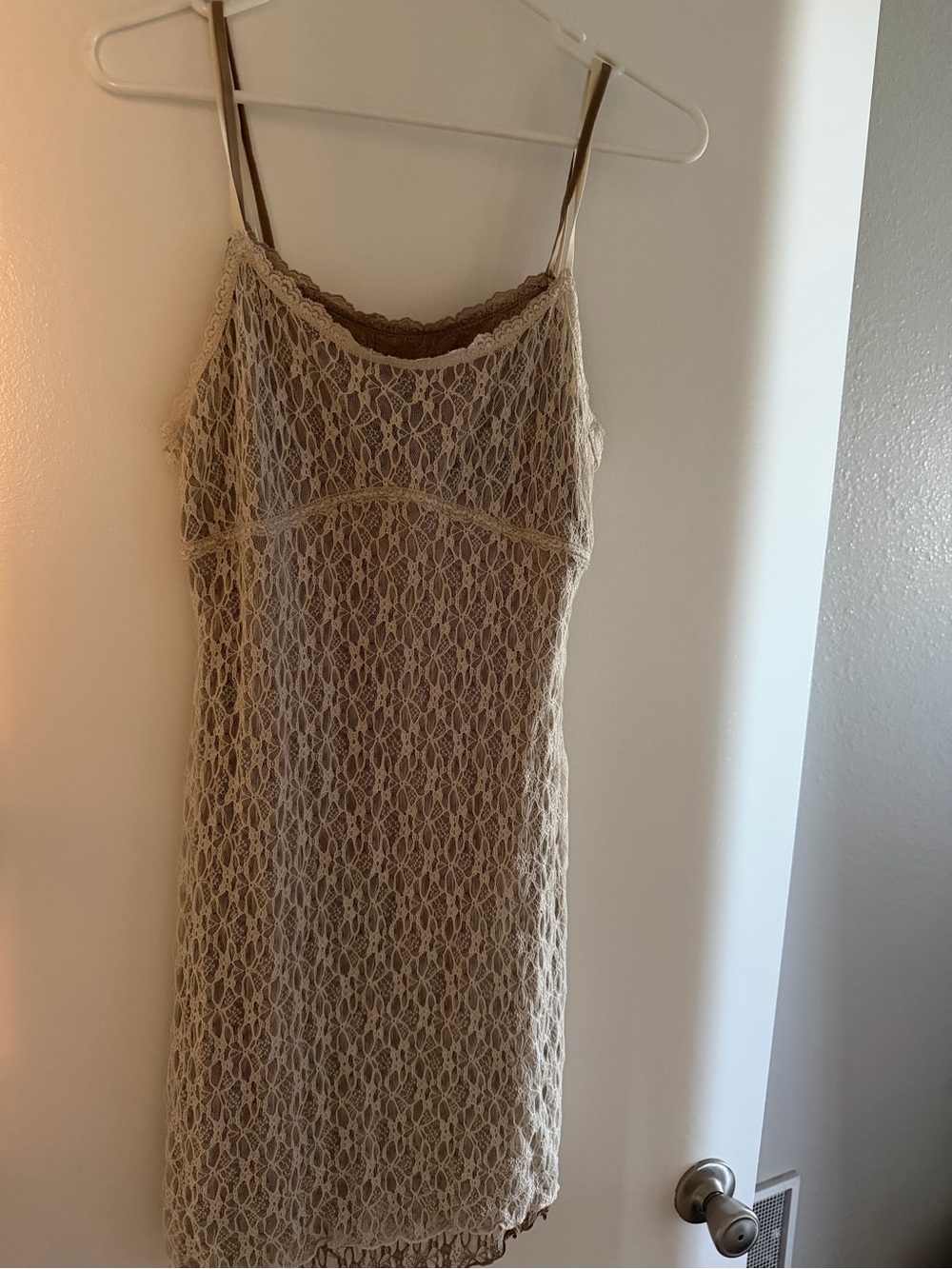 Beige Lace Slip Dress with Spaghetti Straps
